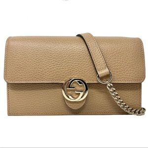 New Gucci Beige Interlocking G Clutch Wallet On Chain Crossbody Shoulder Bag